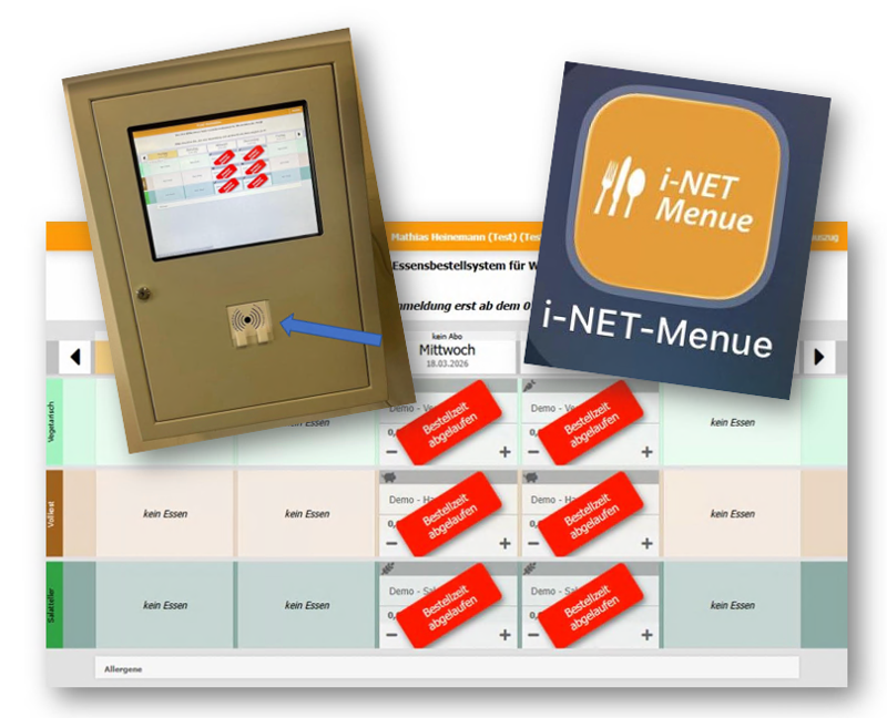 Hintergrund: Display Menüauswahl Vordergrund: Bestellterminal & App-Icon