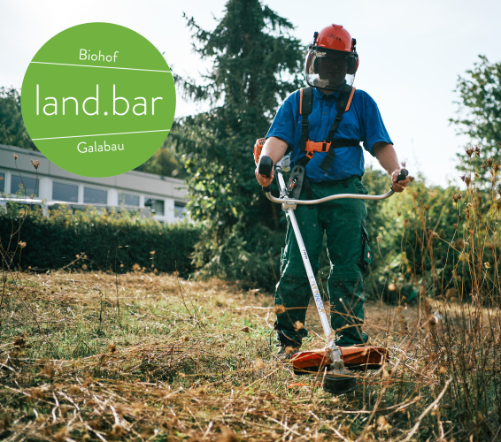 Galabau. Landbar. Person auf einer Wiese mit Helm und Motorsense.