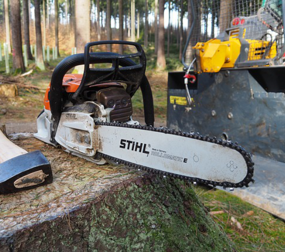 Maschinen. Kettensäge auf Baumstumpf im Wald.