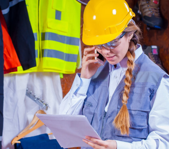 Arbeitsregeln Fachbereiche. Person mit Arbeitshelm und Schutzbrille telefoniert und hat Zettel in der Hand.