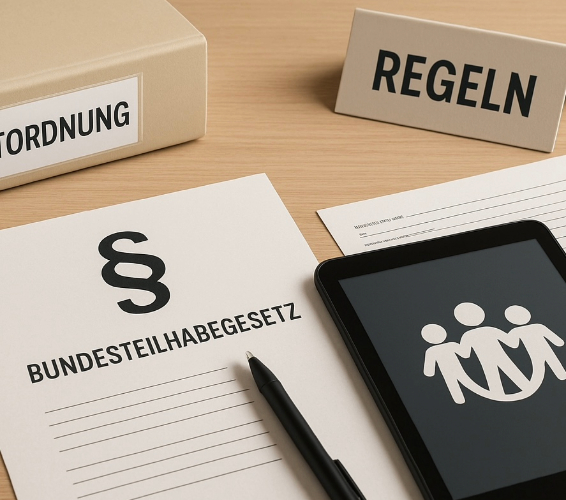 Schreibtisch mit Regeln, Ordnern und Papieren.