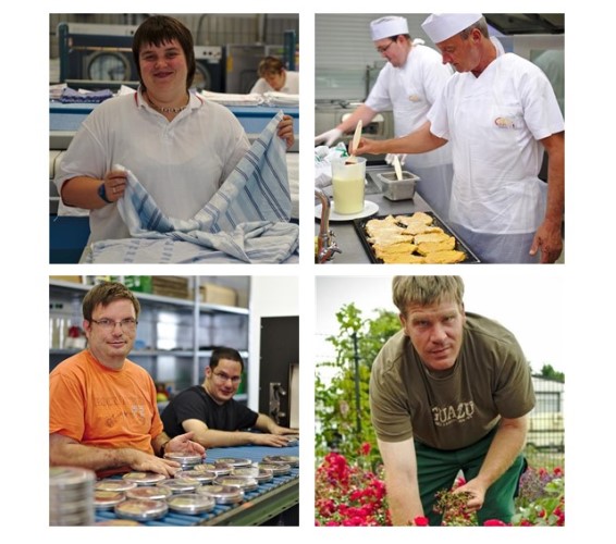 Arbeitsbereich in der Werkstatt. Vier Bilder von Personen bei der Arbeit in der Werkstatt.