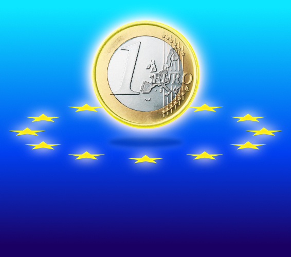 Der Euro: ein EIn-Euro-Stück auf blauem hintergrund